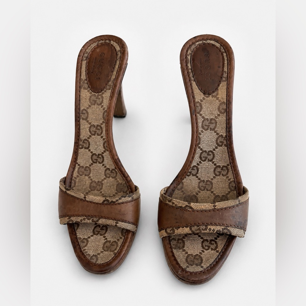 Gucci Brown Monogram Slip-On Heels